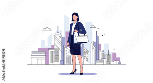 A businesswoman in a suit stands confidently in front of a stylized city skyline.