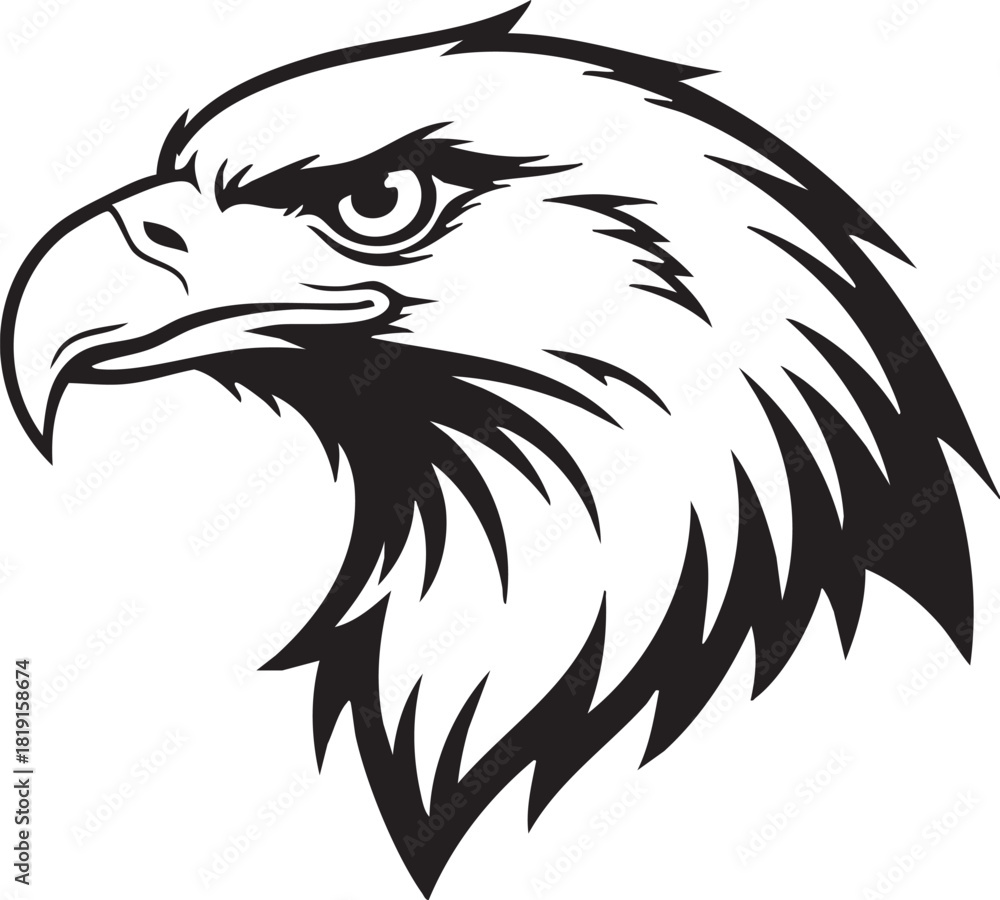 Fototapeta premium A majestic eagle's head is illustrated in black and white, showcasing its sharp beak and detailed feathers.