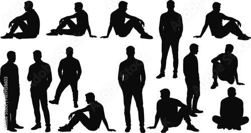 Male silhouette collection, man standing sitting squatting poses, casual human figure outlines, abstract shadow design, posture reference illustration set