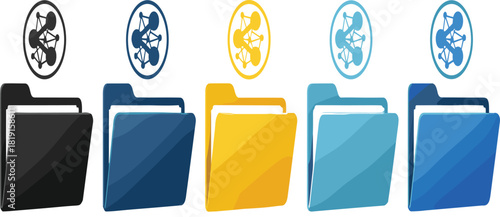 Set of Artificial Intelligence and Data Folder Vector Icons in Multiple Colors, Representing Digital Storage, Machine Learning, and Neural Network Management.