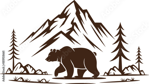 Brown bear walking in front of jagged mountains and pine trees grizzly bear wildlife