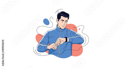 A young man in a blue jacket checks his smartwatch while standing amidst abstract shapes and lines.