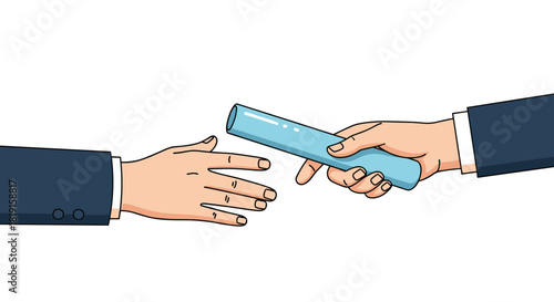 Two hands in suits passing a blue baton to each other in a relay race gesture.