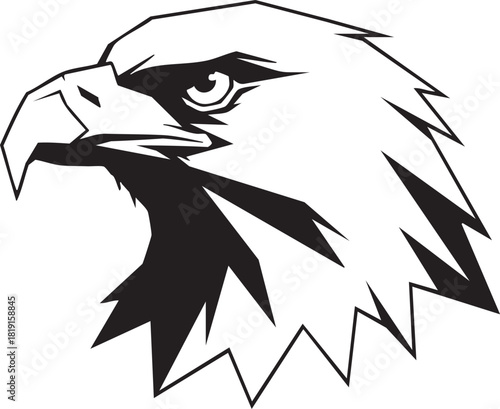 A majestic eagle's head illustrated in black and white, showcasing sharp features and detailed plumage.