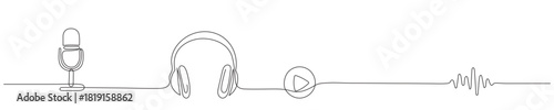 Continuous single-line drawing of an audiobook concept. An open book and a soundboard with a voice wave in a simple line style. Editable stroke. Vector illustration. Editable line