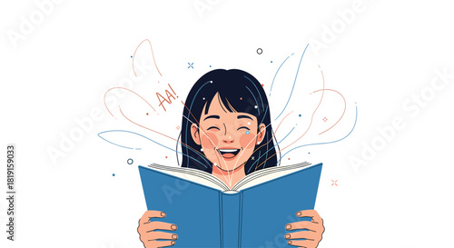 Young person reading a book and laughing with joy, with colorful lines emanating from the pages.