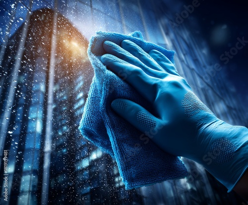 Gloved hands hold a glowing blue cloth, wiping away digital data streams, symbolizing cybersecurity and clean technology. The image conveys innovation, protection, and futuristic focus.