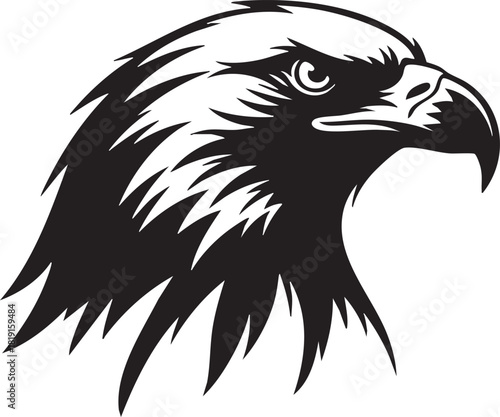 Majestic black and white eagle head illustration, symbolizing strength, freedom, and pride. A powerful bird of prey icon for various designs