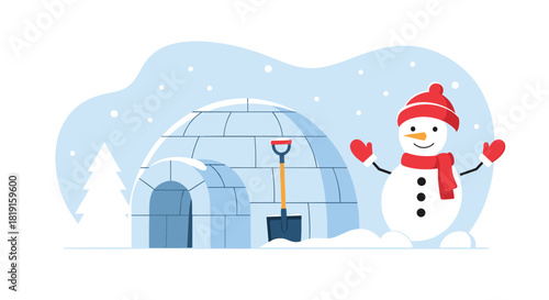 Illustration of a snowman with a red hat and scarf standing next to an igloo in the snow.