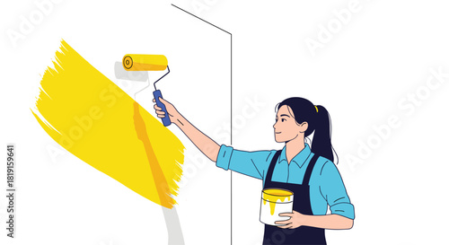 A young woman paints a wall with a bright yellow color using a roller and a can of paint.