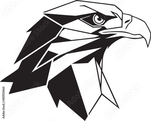 Bold and abstract geometric eagle head design in black and white, featuring sharp lines and a contemporary style, ideal for modern branding, mascots, and emblems, symbolizing strength and vision
