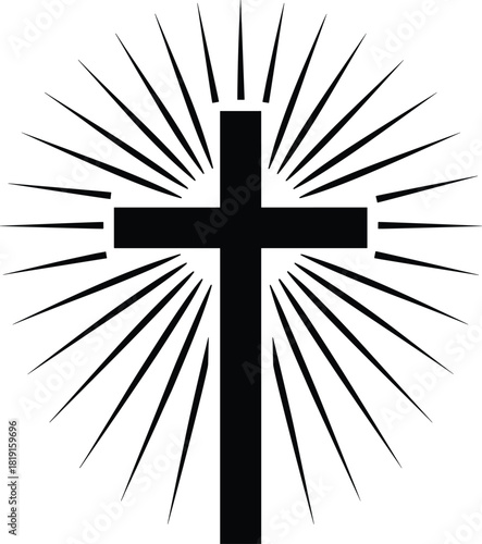 Black Christian cross with radiating lines religion