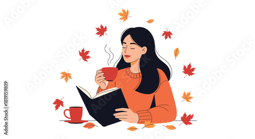 A woman enjoys a warm drink while reading a book amidst falling autumn leaves.