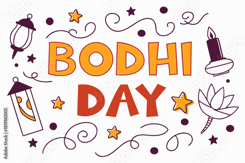 Bodhi Day Vector Illustration, Buddha Under Bodhi Tree with Candles and Lotus Flowers Isolated on White Background