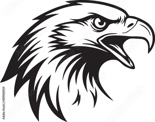 Intense illustration of an majestic eagle's head with a formidable expression, symbolizing power, freedom, and an unwavering spirit in a stark black and white design