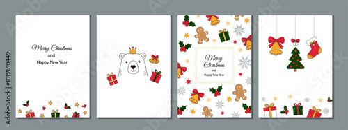 A set of four simple, hand-drawn style holiday greeting card templates featuring festive elements like a polar bear, gingerbread man, bells, stockings, and gifts