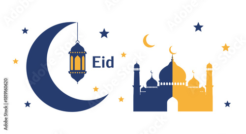 Eid Mubarak illustration with mosque, crescent moon, and lantern.