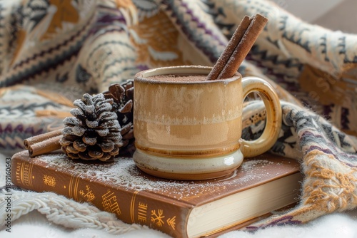 Ceramic mug filled with dark beverage and cinnamon sticks rests atop a book with winter decor.