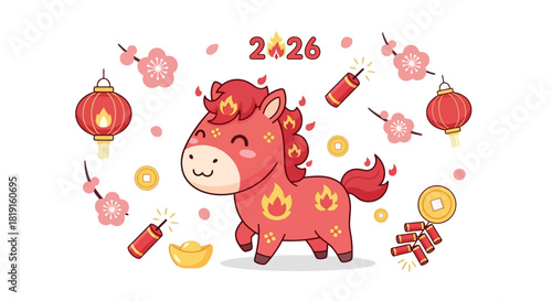Cute cartoon horse surrounded by Chinese New Year decorations, with the year 2026 above.