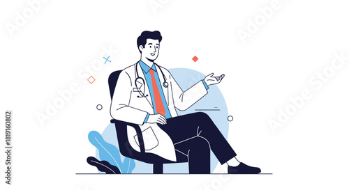A friendly male doctor wearing a white coat and stethoscope sits in a chair and gestures with his hand.