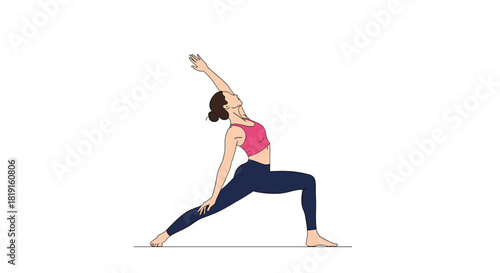 Woman practicing the warrior two yoga pose with her arm extended upwards and body arched back.