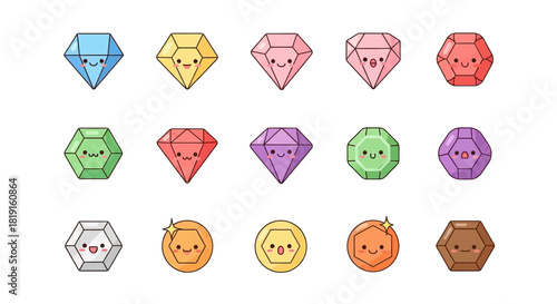 Collection of cute cartoon gems and jewels with smiling faces in various colors and shapes.