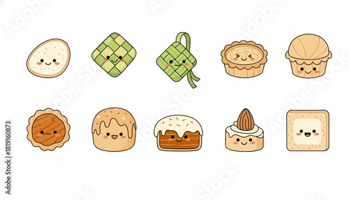 A collection of cute cartoon dessert illustrations with smiling faces.