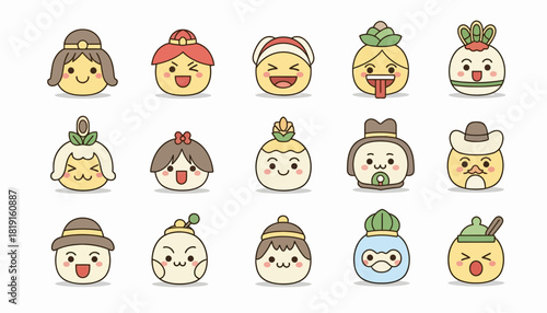 Collection of cute cartoon dumpling characters with various hats and expressions, isolated on a white background.