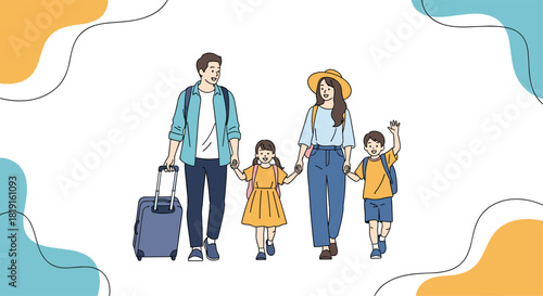 A happy family of four with luggage ready for a vacation trip.