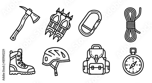 Collection of Outdoor Adventure and Mountaineering Equipment Icons.