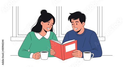 Couple reading a book together while drinking coffee by the window.