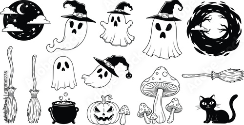Cute Halloween spooky elements including ghosts, witch hats, pumpkins, cauldron, mushrooms, brooms and black cat drawn in playful decorative monochrome illustration style