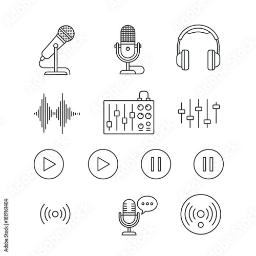 Collection of Outline Icons Representing Audio Recording and Playback Equipment.