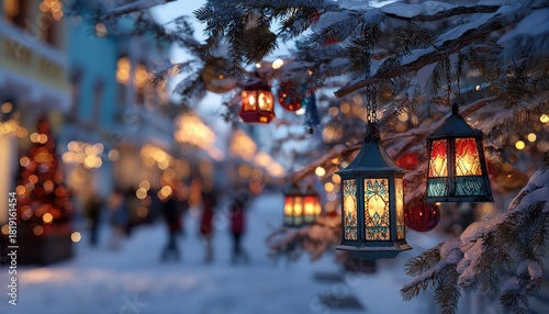 Illuminated hanging lanterns adorn snow-covered evergreen branches during a festive winter evening outdoors