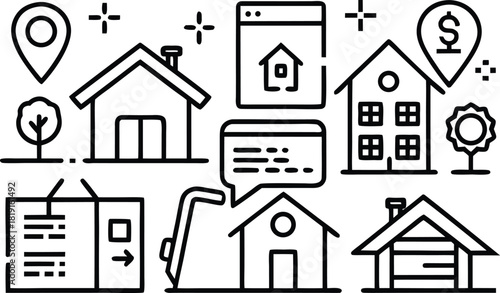 Real estate and housing icons for property search and investment