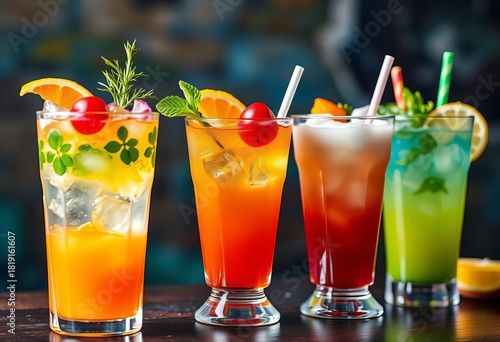 Vibrant layered cocktails in glasses with colorful garnishes,  celebration,  sparkling