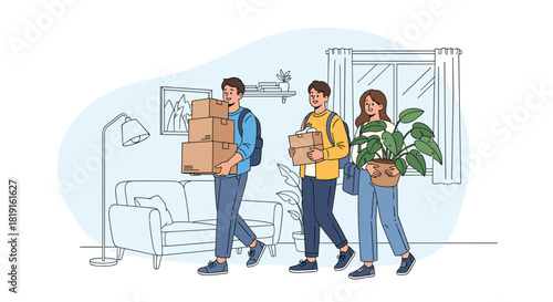 Three young people carrying boxes and a plant, ready to move into a new apartment.