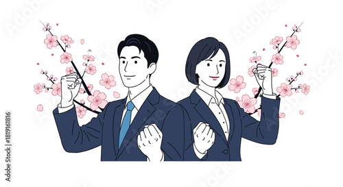 Two business people in suits with fists clenched in front of blooming cherry blossom branches.
