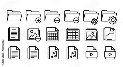 Collection of Outline Style File and Folder Icons for Digital Interface.