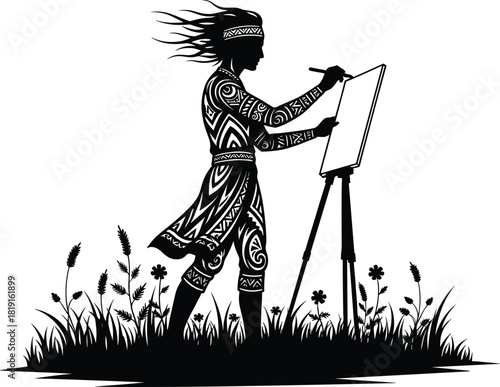 Decorative tribal patterned artist painting on canvas outdoors, expressing creativity, cultural design, artistic freedom, nature inspiration