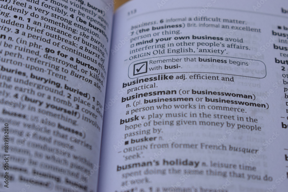 Obraz premium Definition Of English Dictionary Close Up Of Page With Word - businesslike