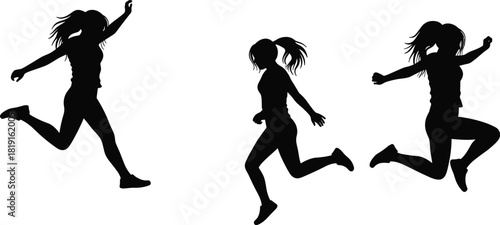 Running and jumping silhouette, athletic motion sequence, black figure art, ponytail hairstyle, expressive movement, dynamic posture, physical activity, motion study
