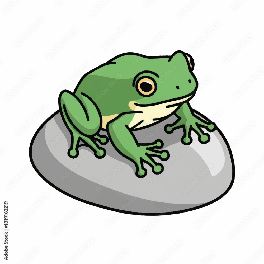 Naklejka premium Cute Green Frog Sitting on a Smooth Grey Rock.