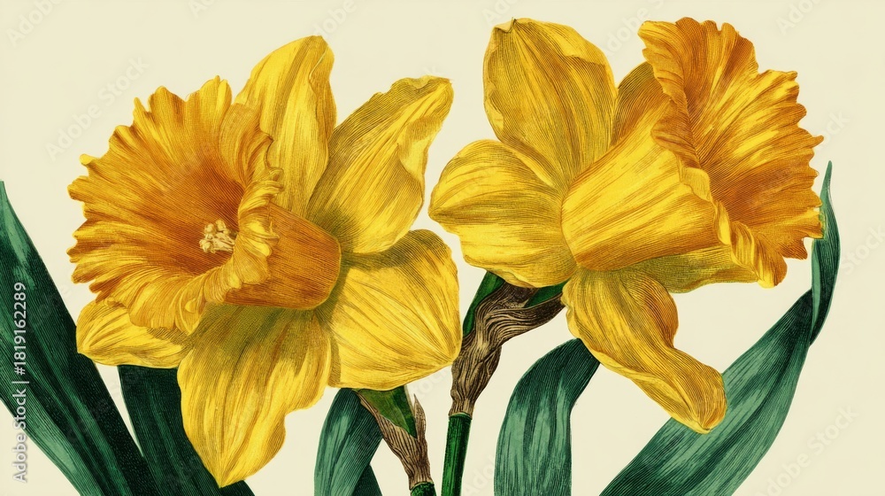 Obraz premium Vibrant Yellow Daffodils with Trumpet-Shaped Centers Surrounded by Green Leaves Against a Soft Background
