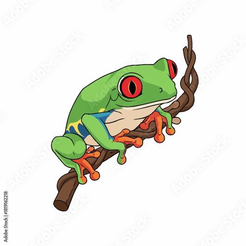 Cartoon Red-Eyed Tree Frog Perched on Branch.