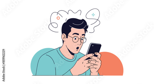 Young man looking shocked and confused while holding a smartphone and having swirling thoughts above his head.