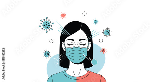 Illustration of a person wearing a mask surrounded by virus icons to represent protection and health.