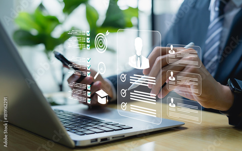 HR and recruitment concept, human resources manager reviewing job applicant information during interview process, evaluating candidate qualifications for business employment decisions.