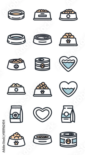 Collection of Pet Food Bowls, Cans, and Heart-Shaped Water Dishes.