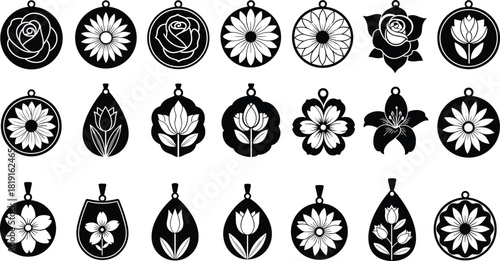 Elegant collection of floral pendant illustrations featuring detailed flower engravings, botanical charm designs, decorative jewelry silhouettes perfect for crafting, engraving, laser cutting